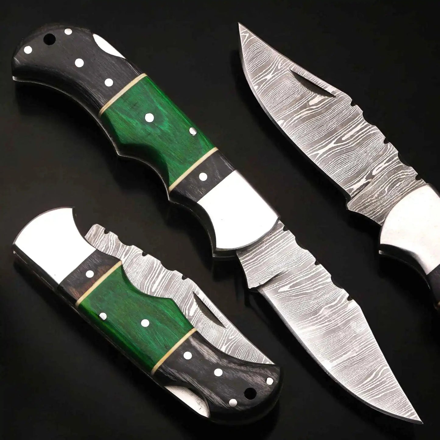 Hand Forged Damascus Steel Folding Knife – Pakka Wood Handle with Leather Sheath
