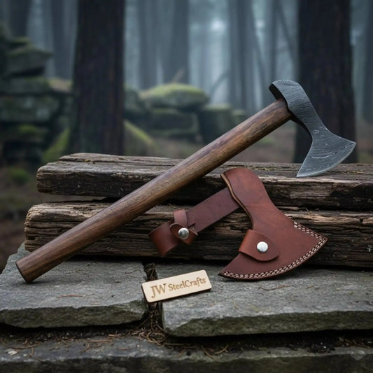 Hand Forged Damascus Steel Viking Axe – True Layered Bearded Axe with Hardwood Handle & Leather Sheath | JW SteelCrafts