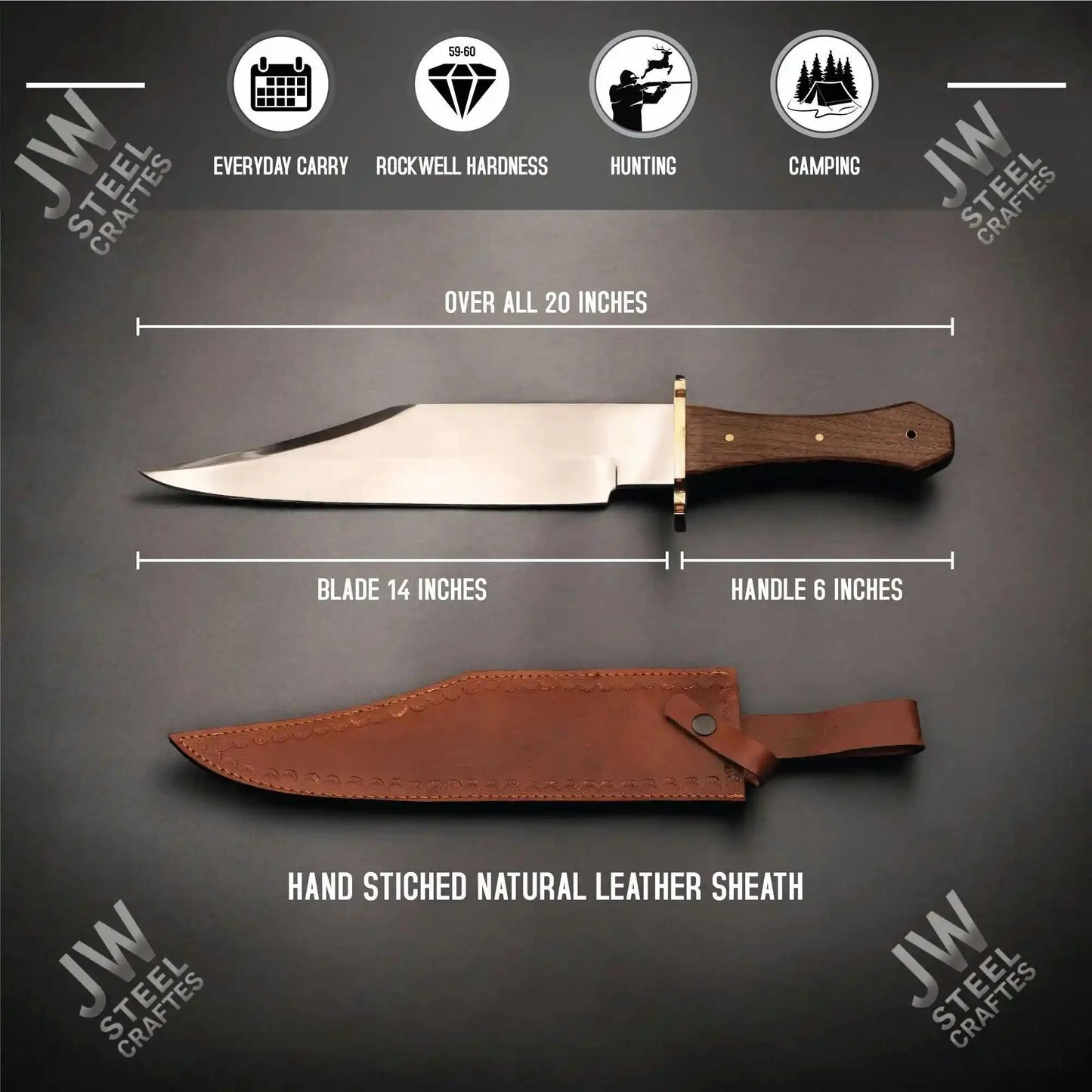 Clip Point High Carbon Steel Bowie Knife, Hand Forged, Rosewood Handle
