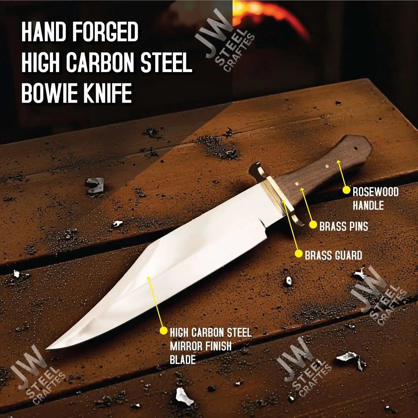 Clip Point High Carbon Steel Bowie Knife, Hand Forged, Rosewood Handle