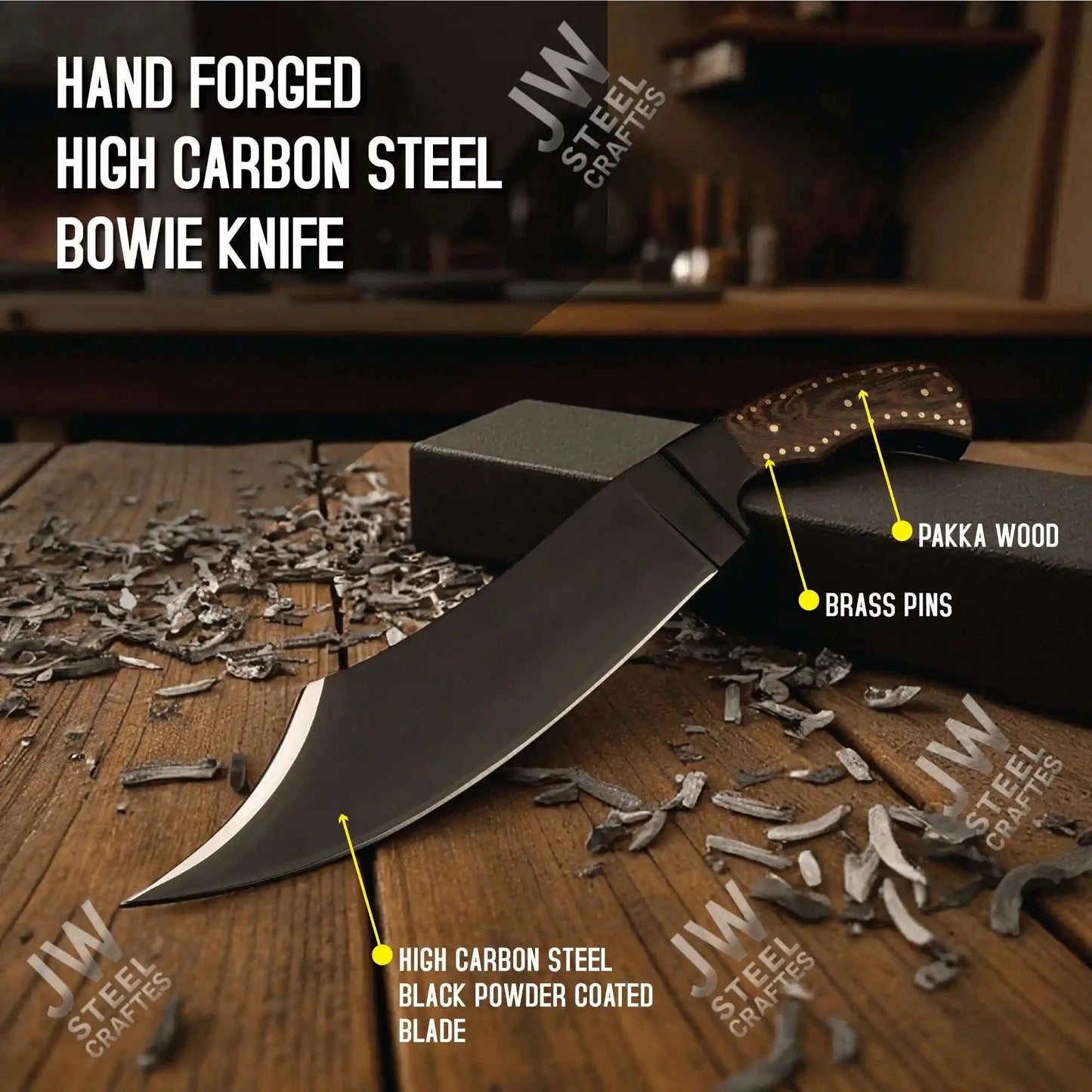 Hand Forged High Carbon Steel Persian-Style Bowie Knife, Upswept Trailing Point Blade, Pakka Wood Handle, JW SteelCrafts