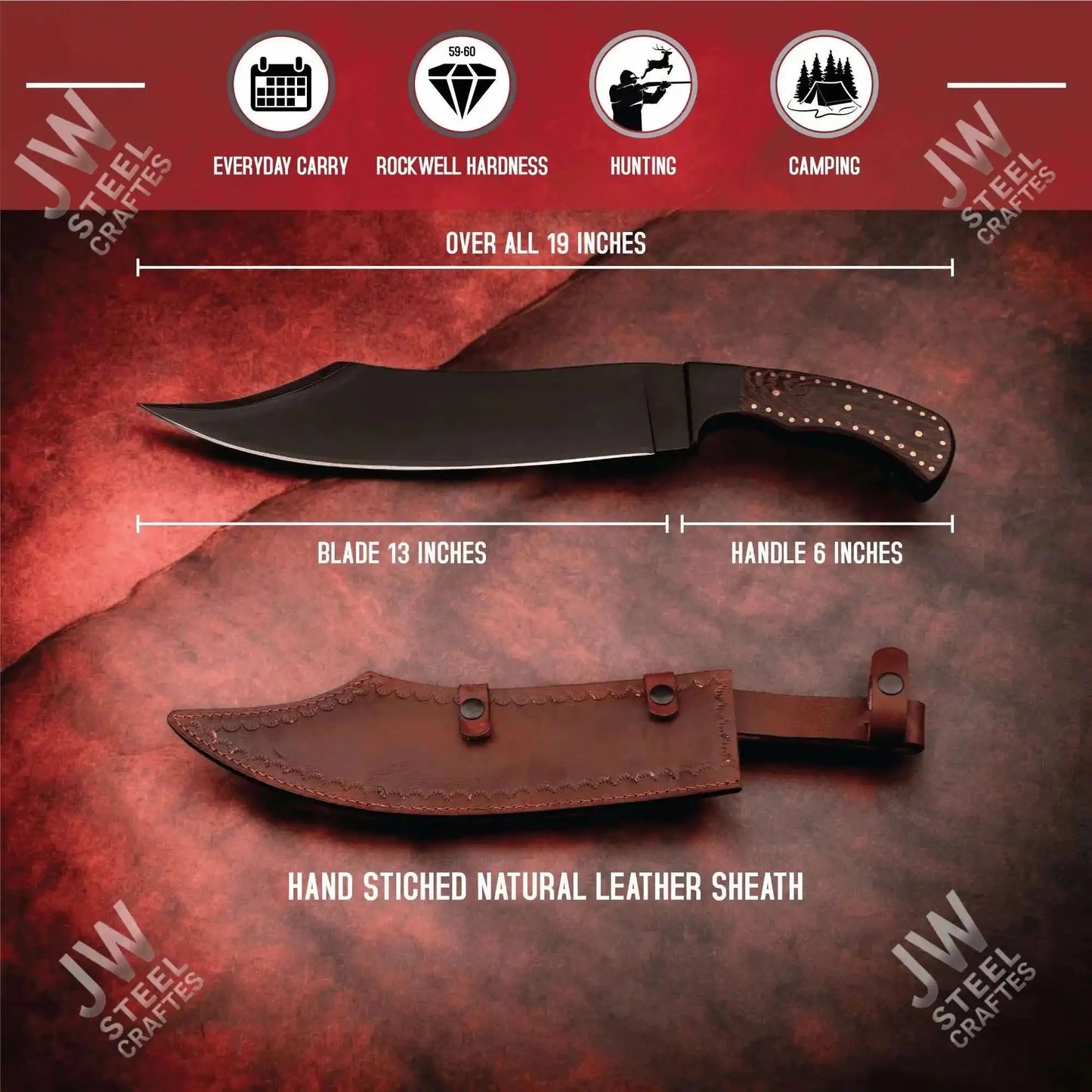 Hand Forged High Carbon Steel Persian-Style Bowie Knife, Upswept Trailing Point Blade, Pakka Wood Handle, JW SteelCrafts