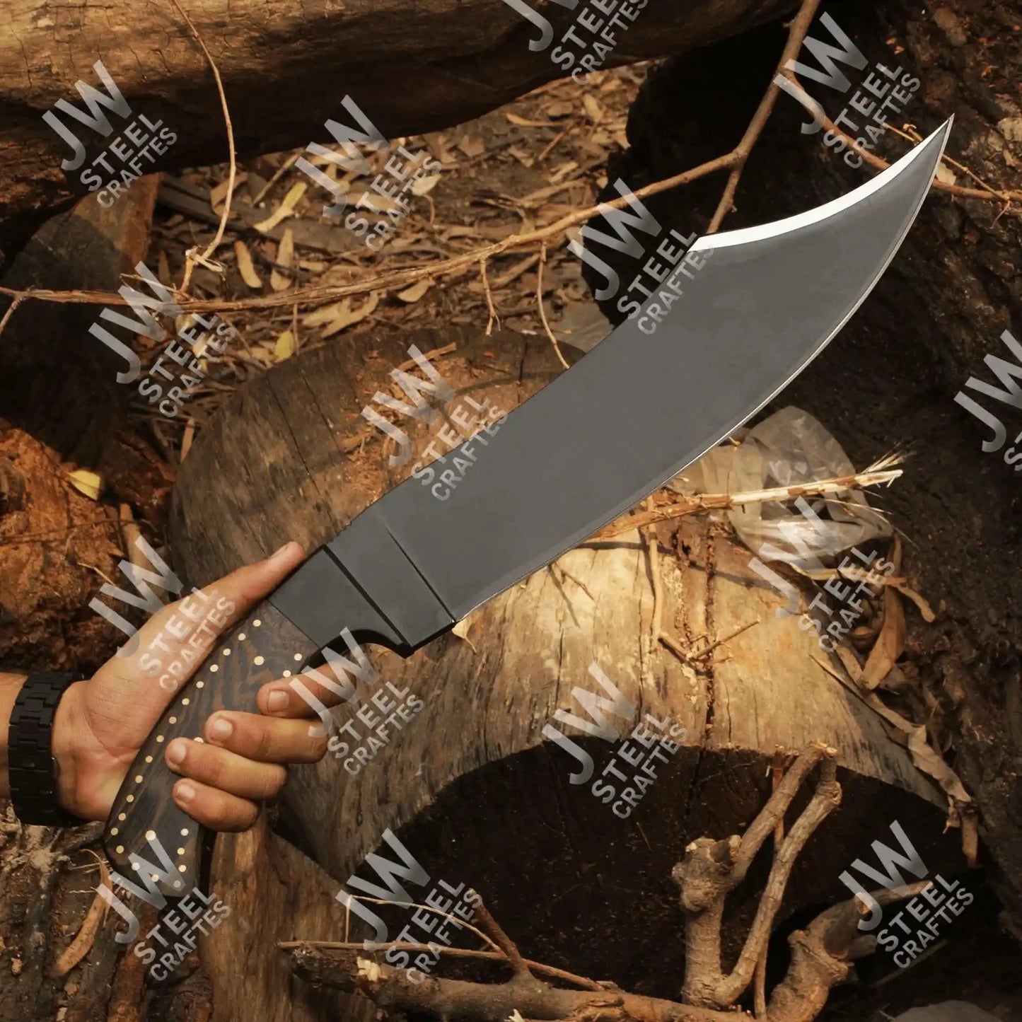 Hand Forged High Carbon Steel Persian-Style Bowie Knife, Upswept Trailing Point Blade, Pakka Wood Handle, JW SteelCrafts