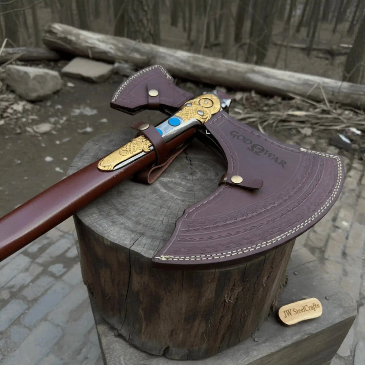 Hand Forged Viking Fantasy Double-Bit Axe with Norse Engraving, Gold Handle Fittings and Blue Gemstone Inlays