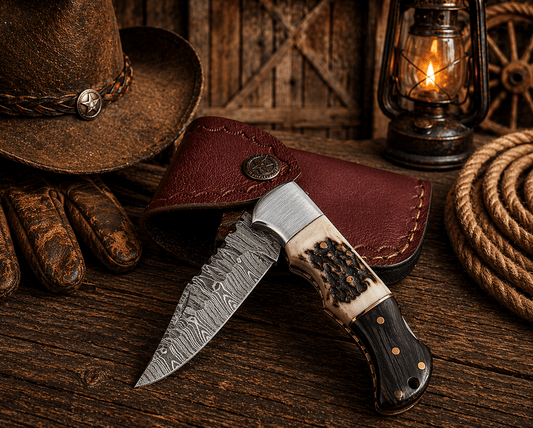 Handcrafted Damascus Pocket Knife – Engraved Folding Knife with Stag Horn & Pakka Wood Handle | Custom EDC Hunting Knife Gift for Men
