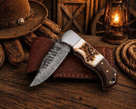 Handcrafted Damascus Pocket Knife – Engraved Folding Knife with Stag Horn & Wood Handle | Custom Gift for Men, EDC Hunting Knife