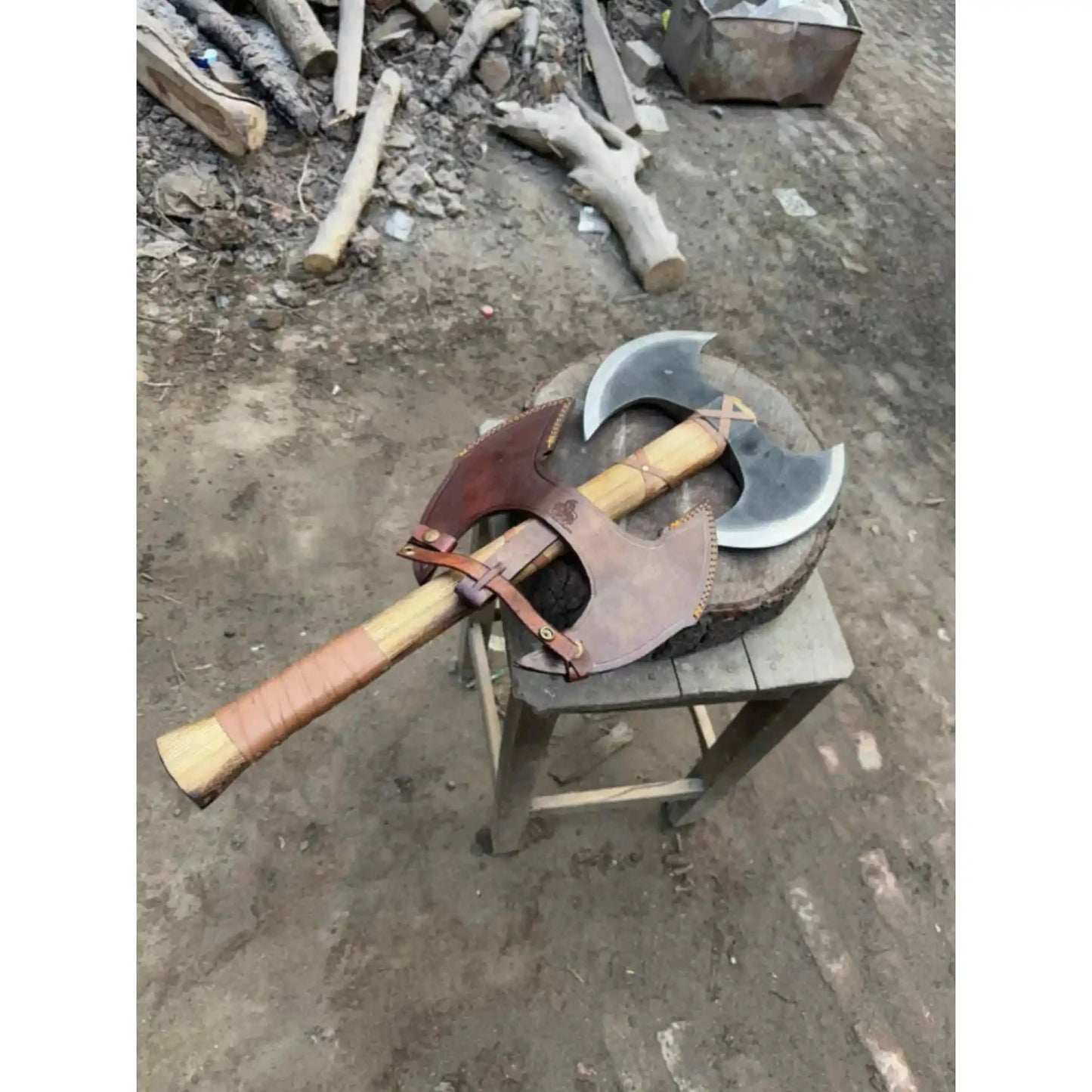 Handcrafted Double-Head Decorative Axe with Wooden Handle – JW SteelCrafts
