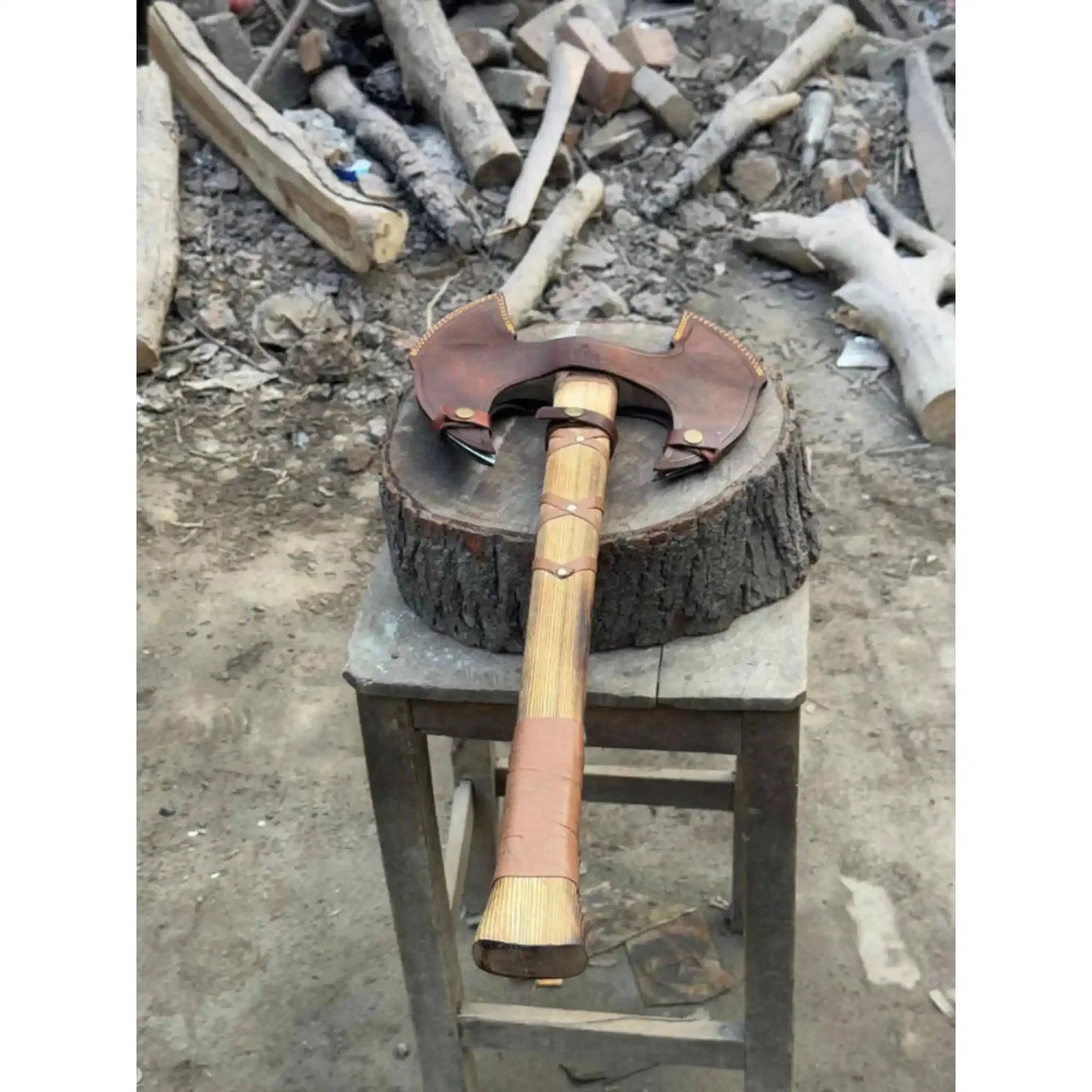 Handcrafted Double-Head Decorative Axe with Wooden Handle – JW SteelCrafts