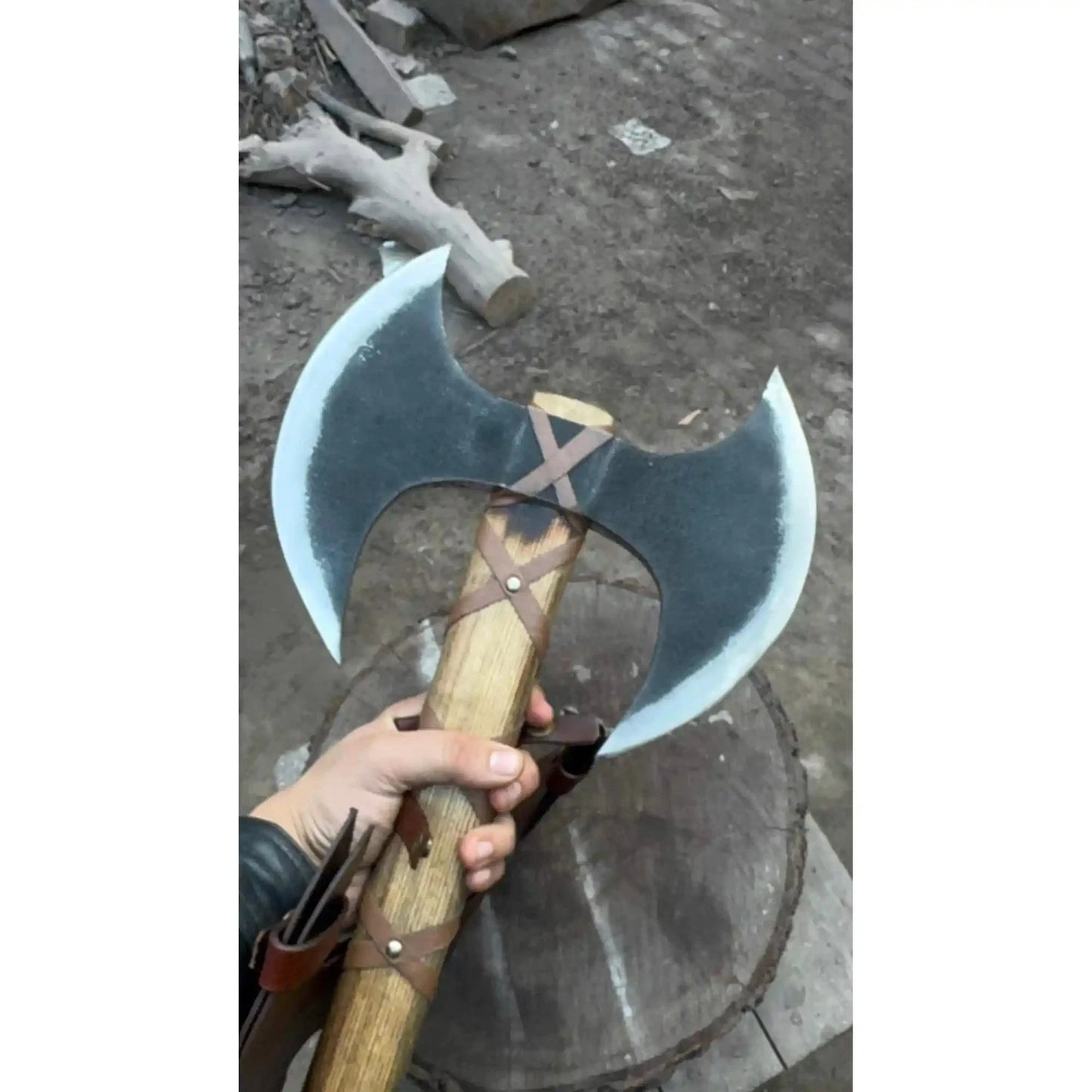 Handcrafted Double-Head Decorative Axe with Wooden Handle – JW SteelCrafts