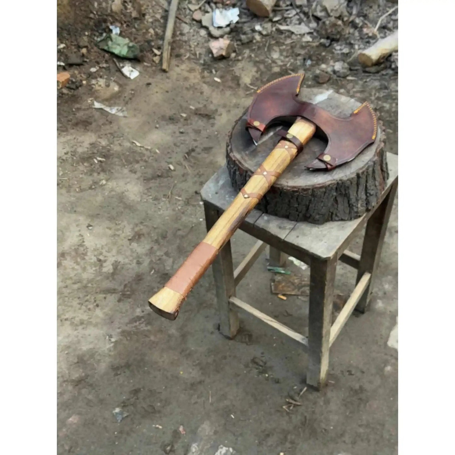 Handcrafted Double-Head Decorative Axe with Wooden Handle – JW SteelCrafts