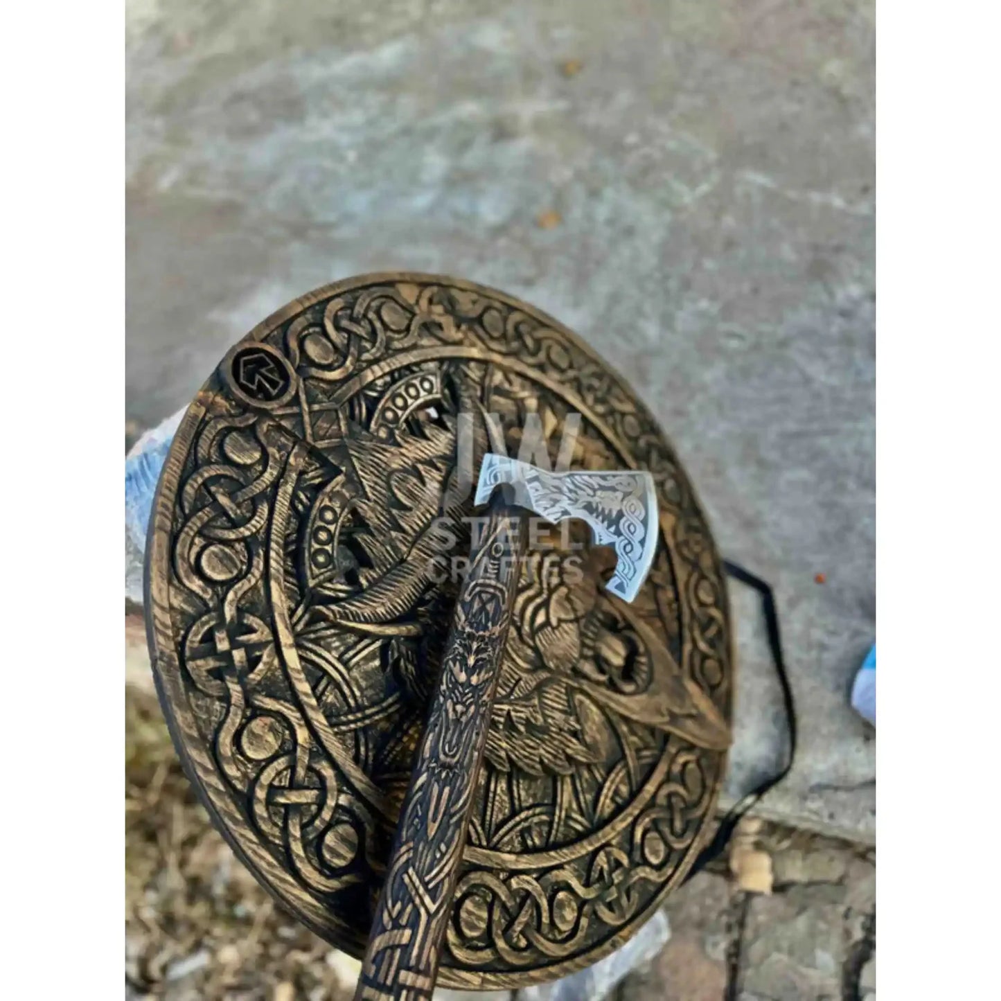 Handcrafted Viking Shield and Engraved Axe Set with Raven Motif and Norse Knotwork