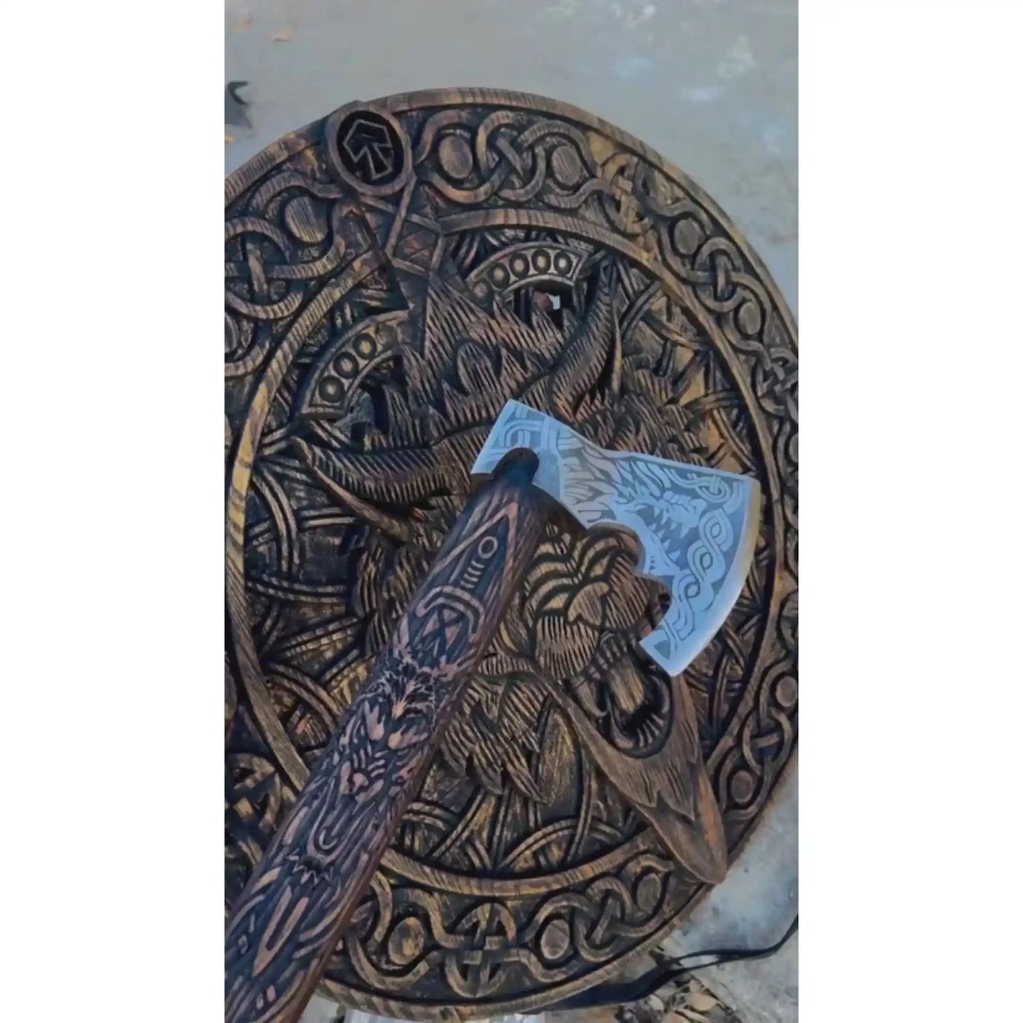 Handcrafted Viking Shield and Engraved Axe Set with Raven Motif and Norse Knotwork