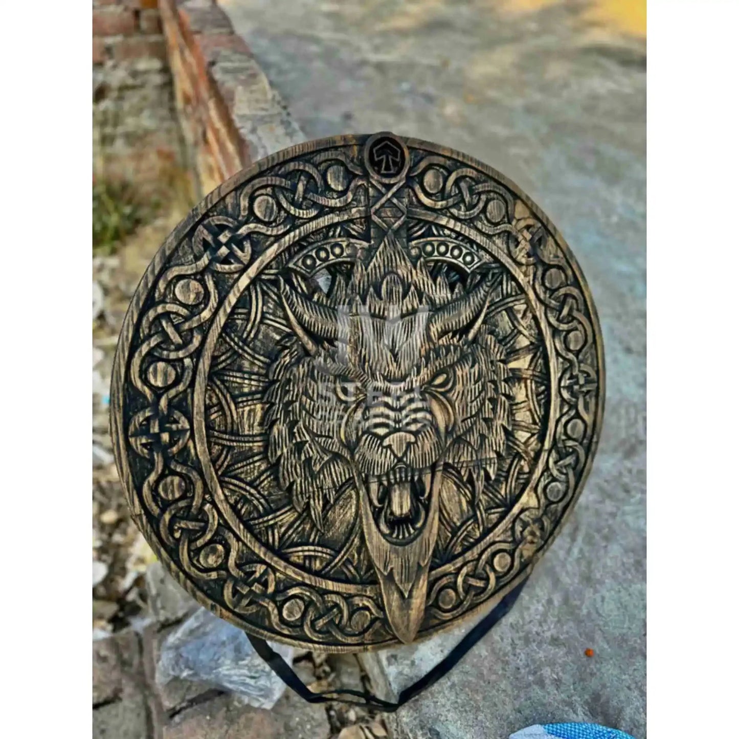 Handcrafted Viking Shield and Engraved Axe Set with Raven Motif and Norse Knotwork