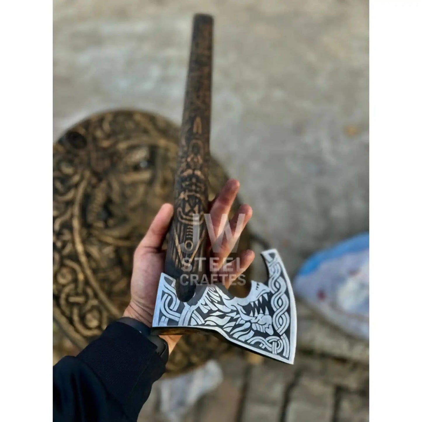 Handcrafted Viking Shield and Engraved Axe Set with Raven Motif and Norse Knotwork