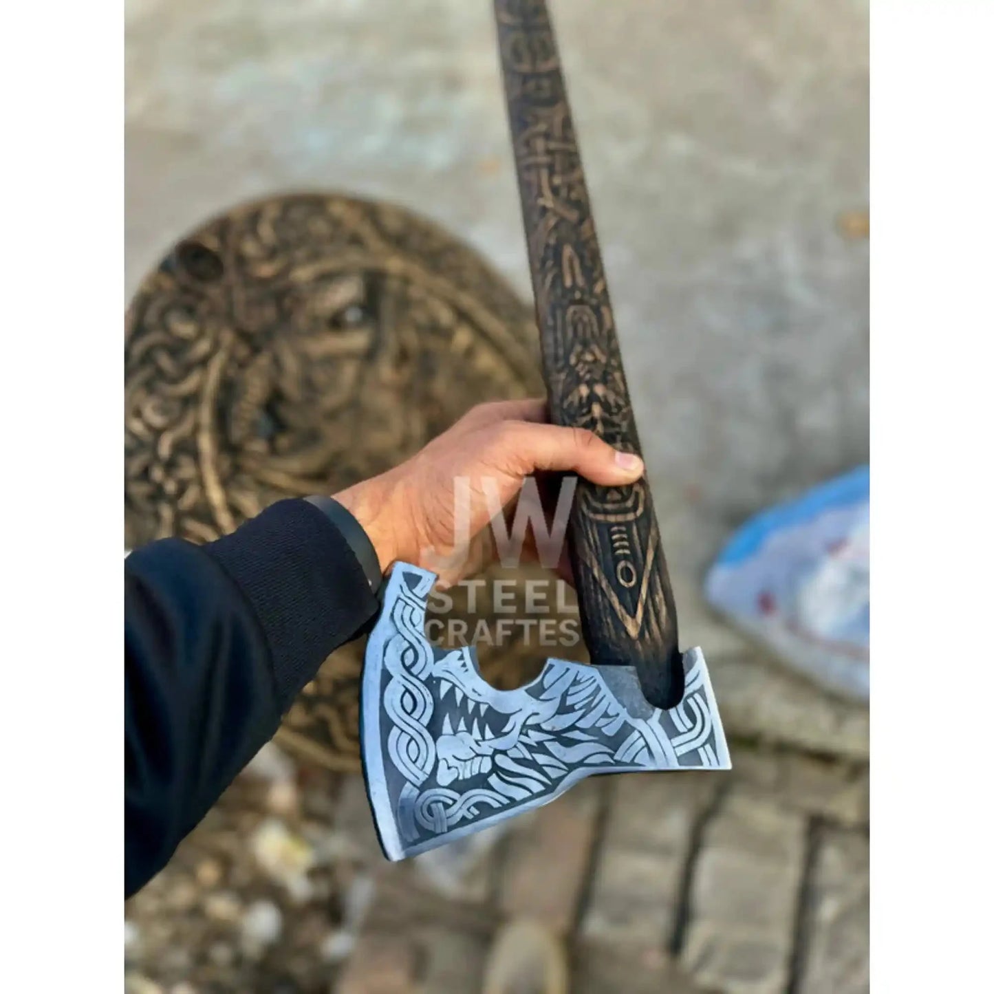 Handcrafted Viking Shield and Engraved Axe Set with Raven Motif and Norse Knotwork