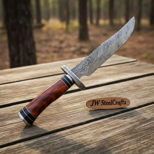 Handmade Clip Point Bowie Knife Damascus Steel Blade Custom Fixed Blade Knife JW SteelCrafts