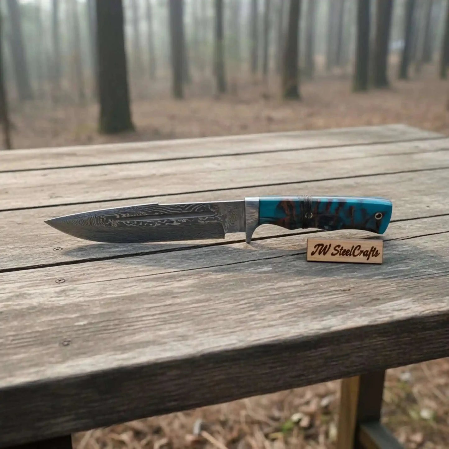 Handmade Damascus Clip Point Bowie Knife, Custom Resin Handle Bowie, Modern Bowie Knife with Leather Sheath, JW SteelCrafts