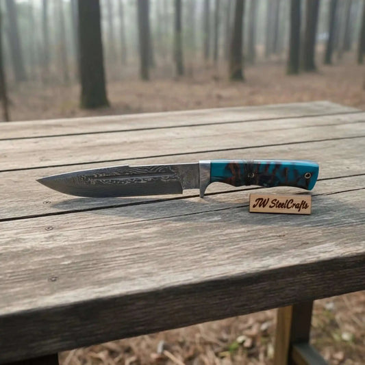 Handmade Damascus Clip Point Bowie Knife, Custom Resin Handle Bowie, Modern Bowie Knife with Leather Sheath, JW SteelCrafts