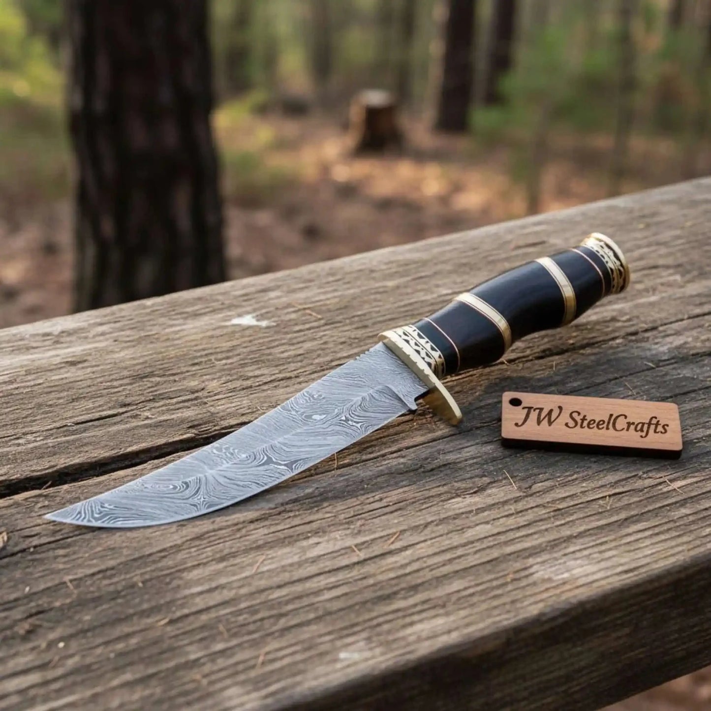 Handmade Damascus Clip Point Bowie Knife, Custom Stacked Wood Handle Fixed Blade