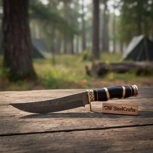 Handmade Damascus Clip Point Bowie Knife, Custom Stacked Wood Handle Fixed Blade