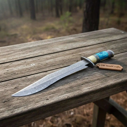 Handmade Damascus Clip Point Bowie Knife Stacked Handle Fixed Blade Hunting Knife JW SteelCrafts