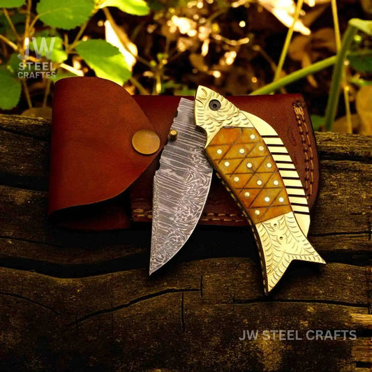 Handmade Damascus Fish Folding Knife – Bone Handle with Brass Bolster