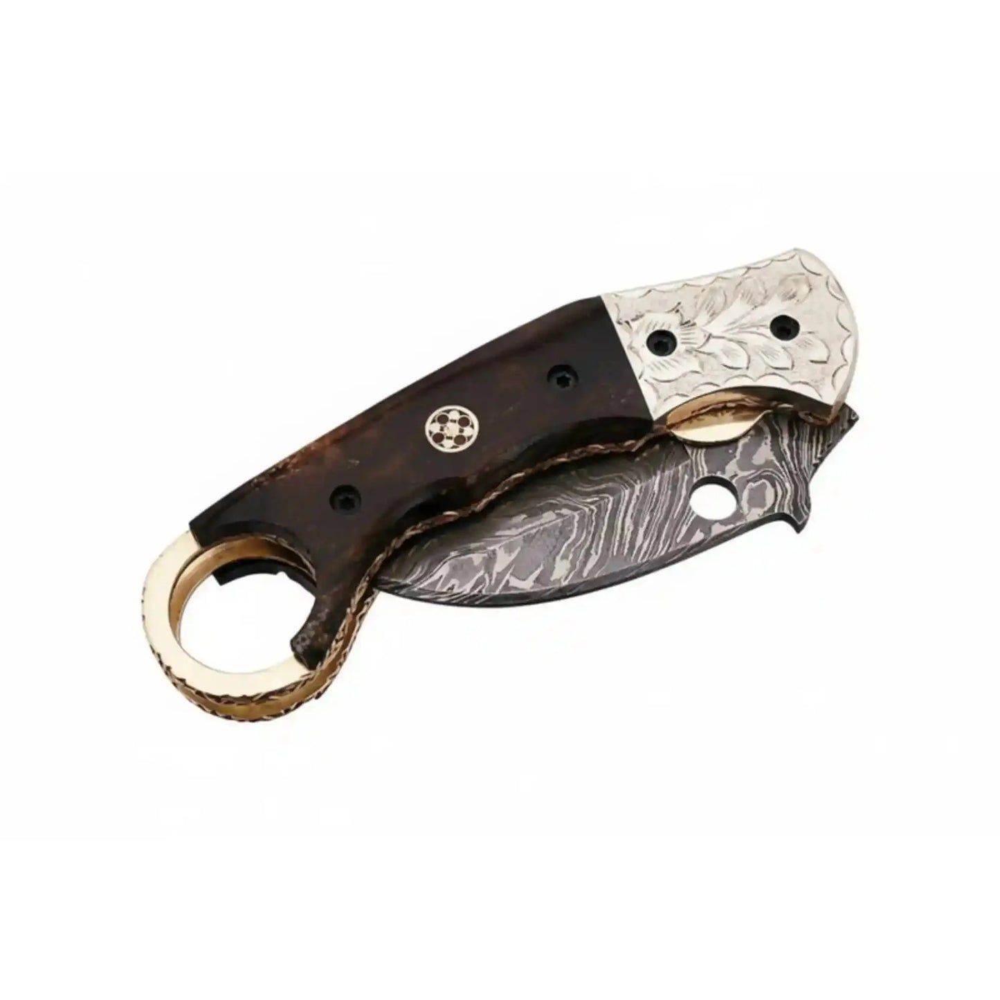 Handmade Damascus Folding Karambit Knife with Ring Handle, Dark Wood Grip & Engraved Bolster