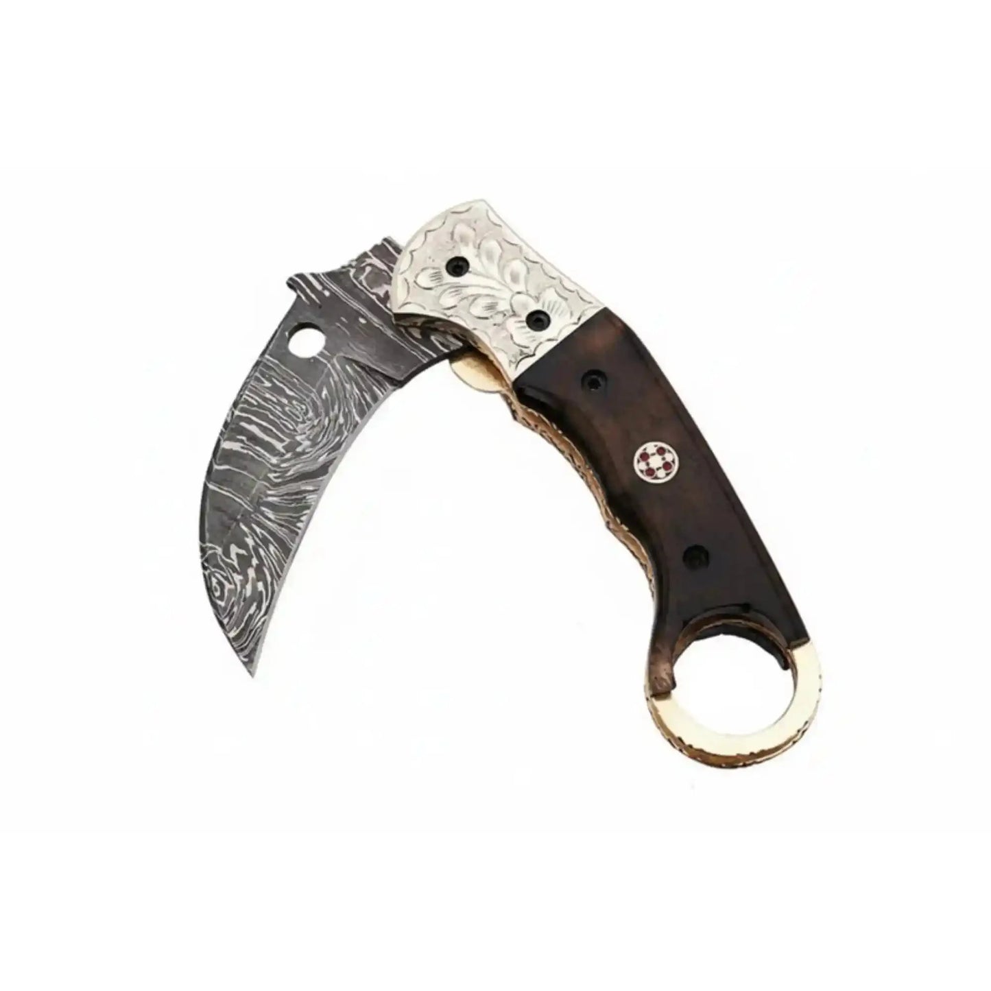 Handmade Damascus Folding Karambit Knife with Ring Handle, Dark Wood Grip & Engraved Bolster