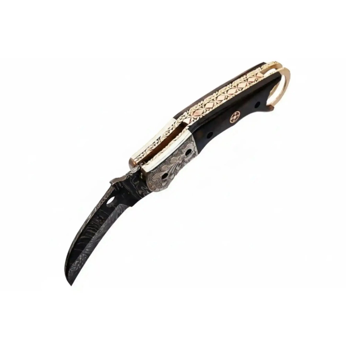 Handmade Damascus Folding Karambit Knife with Ring Handle, Dark Wood Grip & Engraved Bolster