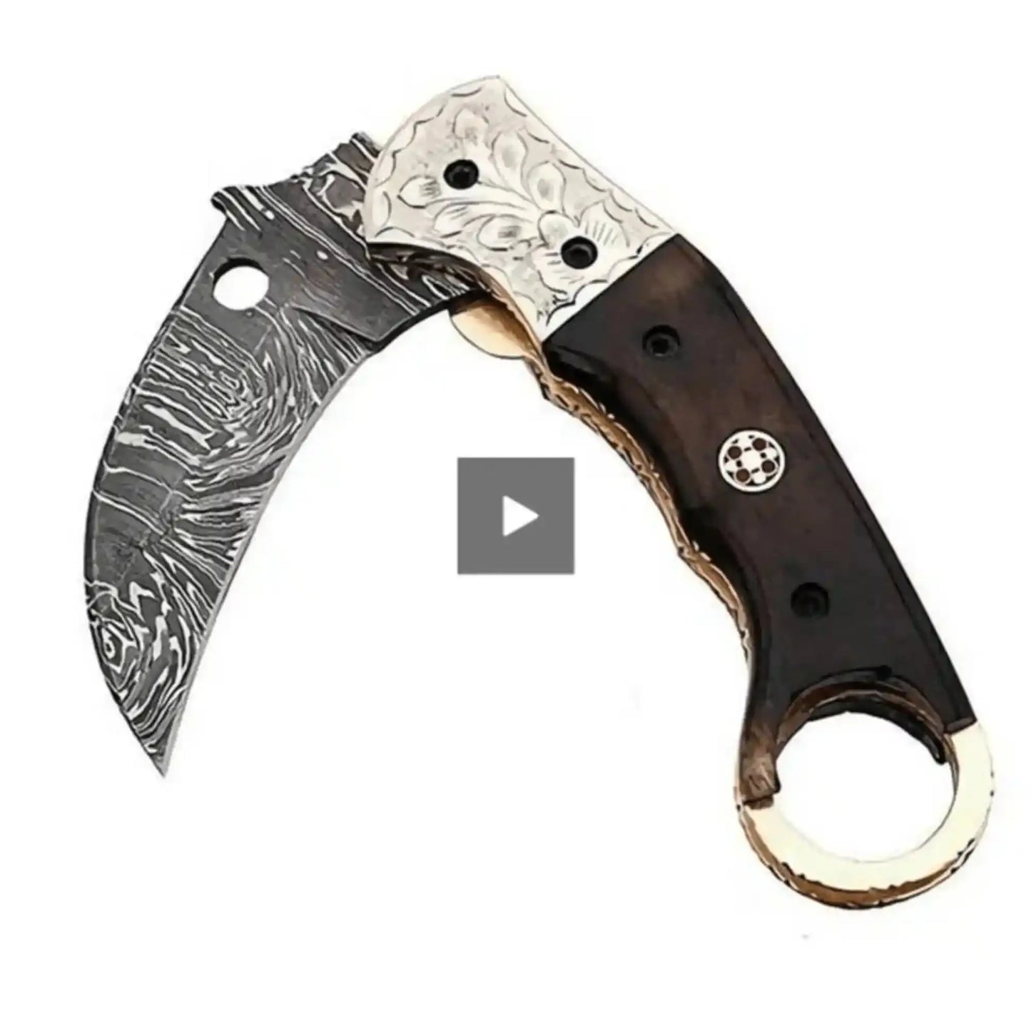 Handmade Damascus Folding Karambit Knife with Ring Handle, Dark Wood Grip & Engraved Bolster