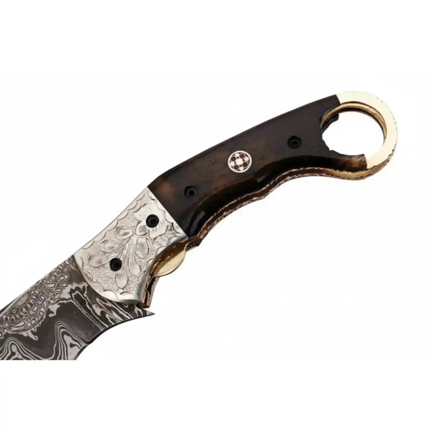 Handmade Damascus Folding Karambit Knife with Ring Handle, Dark Wood Grip & Engraved Bolster