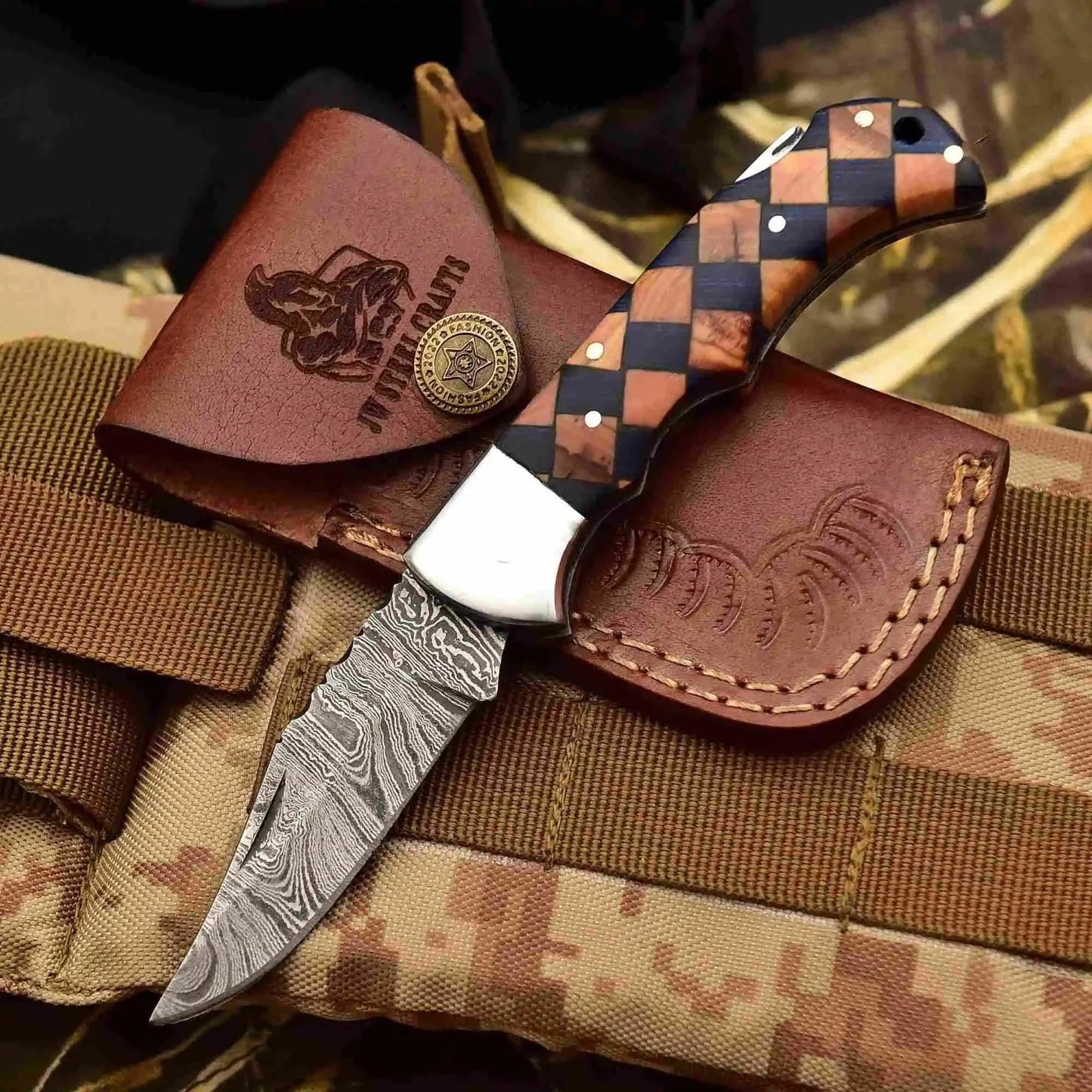 Handmade Damascus Folding Knife – Checker Pattern Wood Handle (Red, Green, Blue) with Leather Sheath