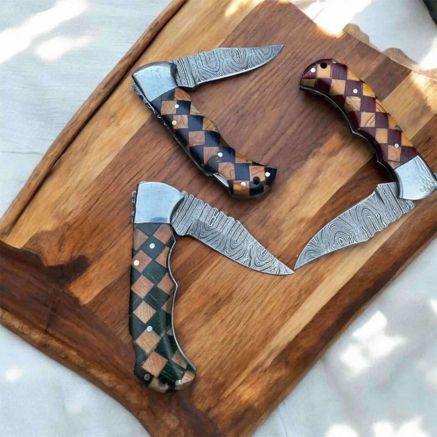 Handmade Damascus Folding Knife – Checker Pattern Wood Handle (Red, Green, Blue) with Leather Sheath
