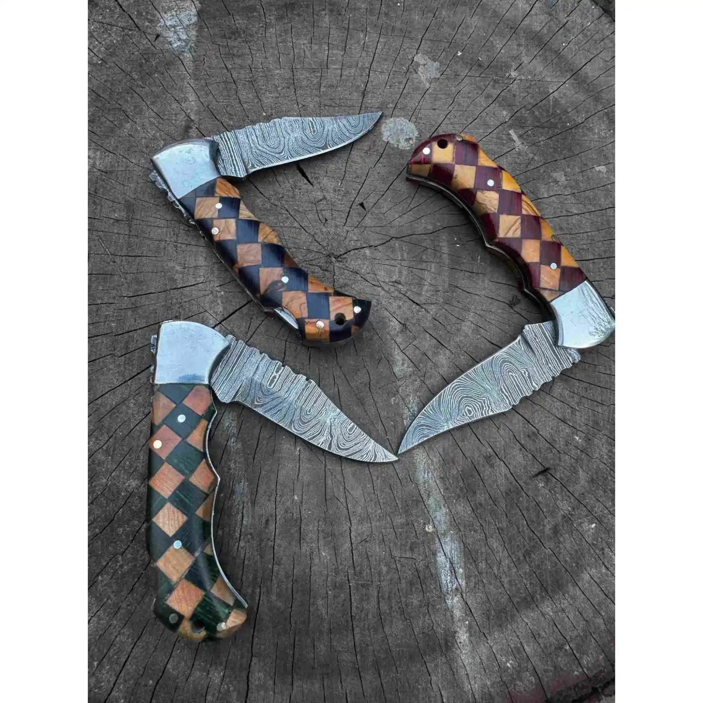 Handmade Damascus Folding Knife – Checker Pattern Wood Handle (Red, Green, Blue) with Leather Sheath