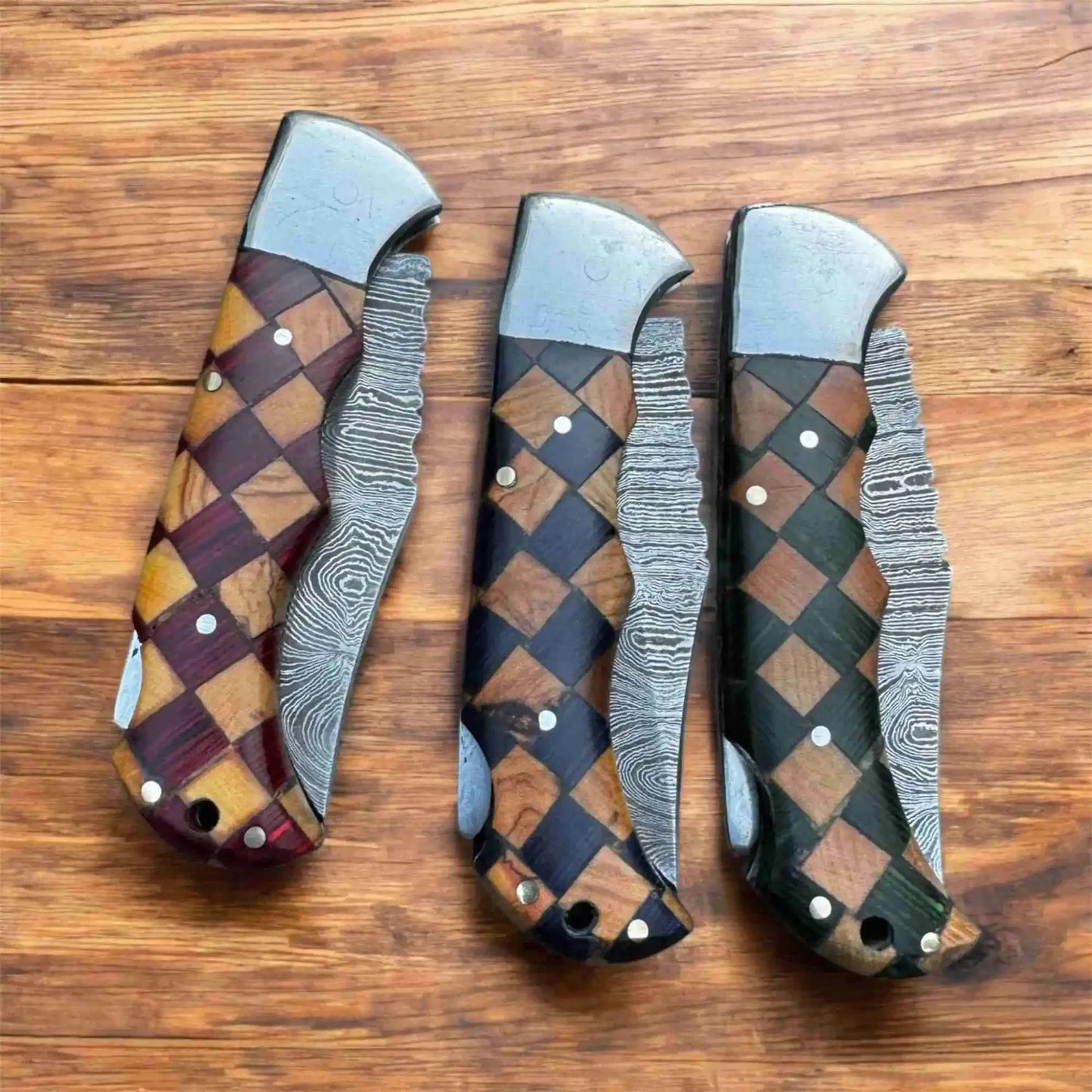 Handmade Damascus Folding Knife – Checker Pattern Wood Handle (Red, Green, Blue) with Leather Sheath