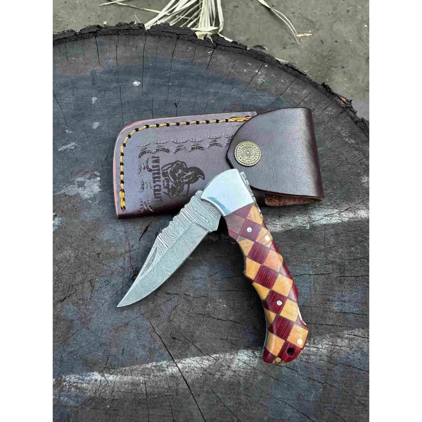 Handmade Damascus Folding Knife – Checker Pattern Wood Handle (Red, Green, Blue) with Leather Sheath