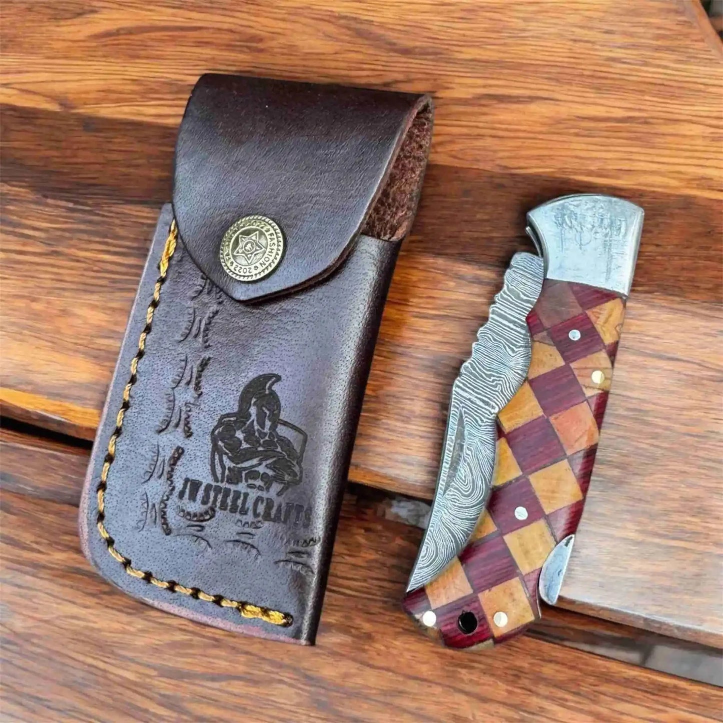 Handmade Damascus Folding Knife – Checker Pattern Wood Handle (Red, Green, Blue) with Leather Sheath