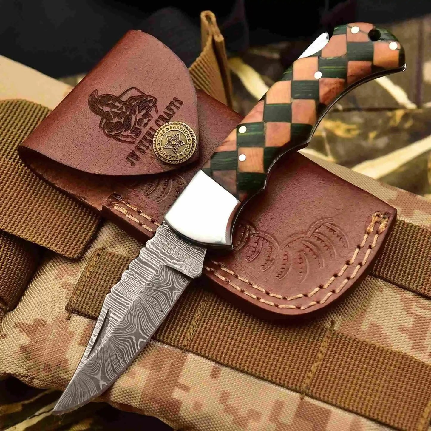 Handmade Damascus Folding Knife – Checker Pattern Wood Handle (Red, Green, Blue) with Leather Sheath