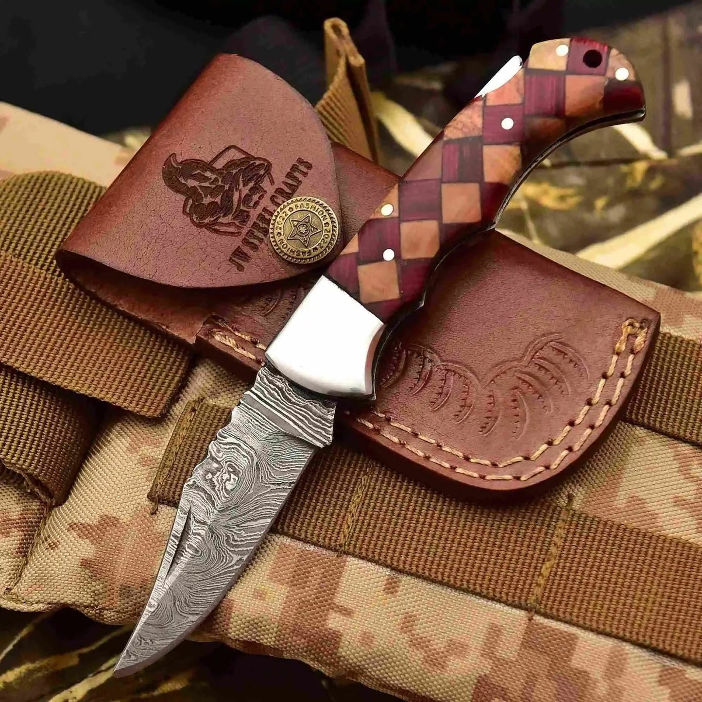 Handmade Damascus Folding Knife – Checker Pattern Wood Handle (Red, Green, Blue) with Leather Sheath