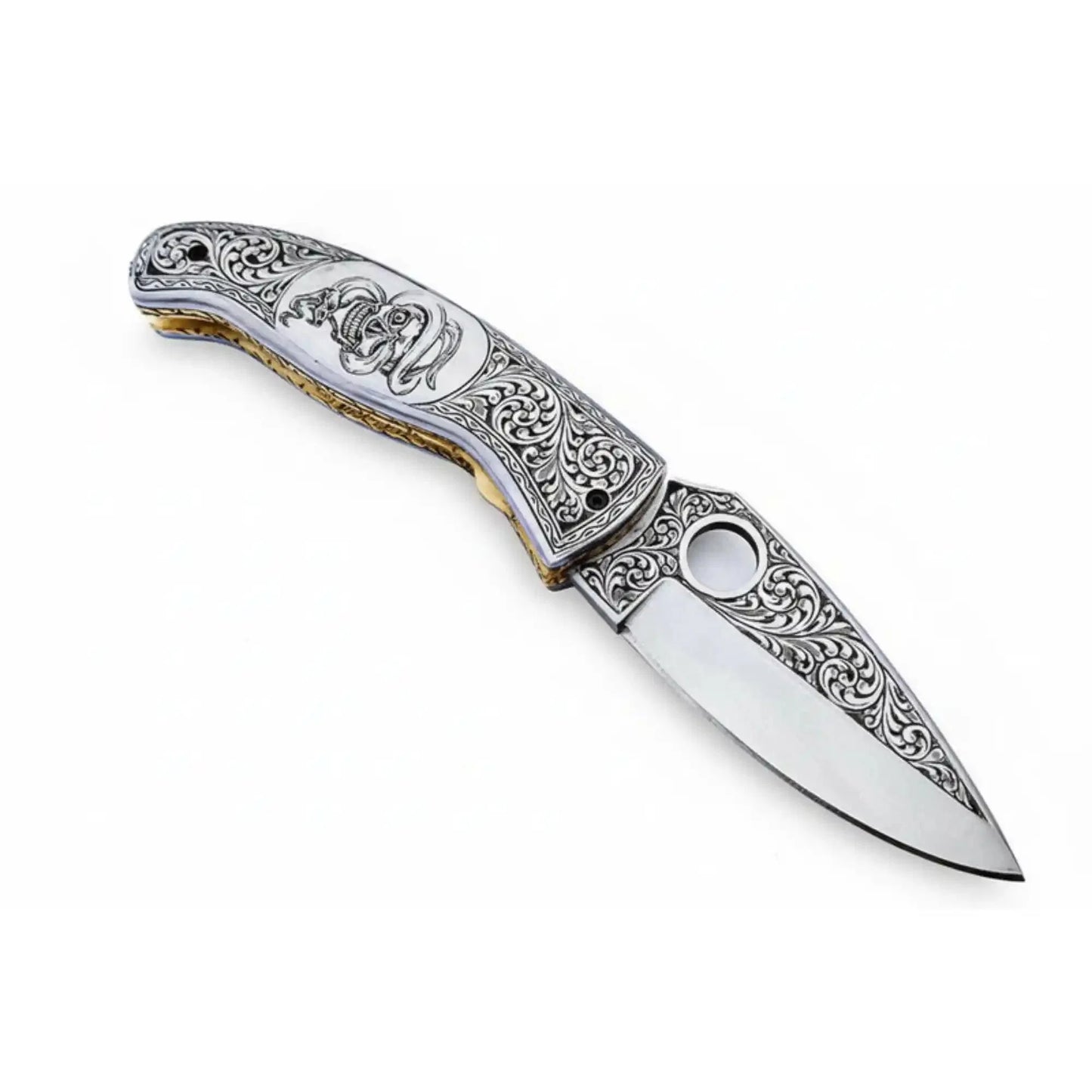 Handmade Damascus Folding Knife, Engraved Bone Handle Pocket Knife, Custom EDC Folder | JW SteelCrafts