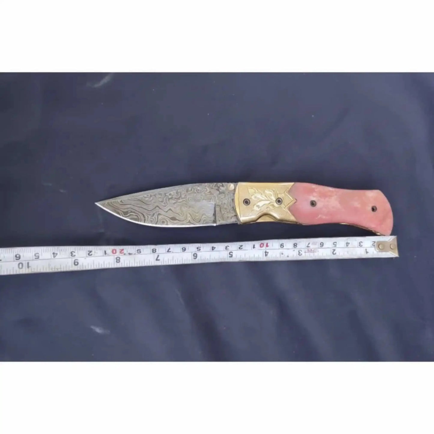 Handmade Damascus Folding Knife – Pink Colored Bone Handle with Brass Bolster | Pocket Knife