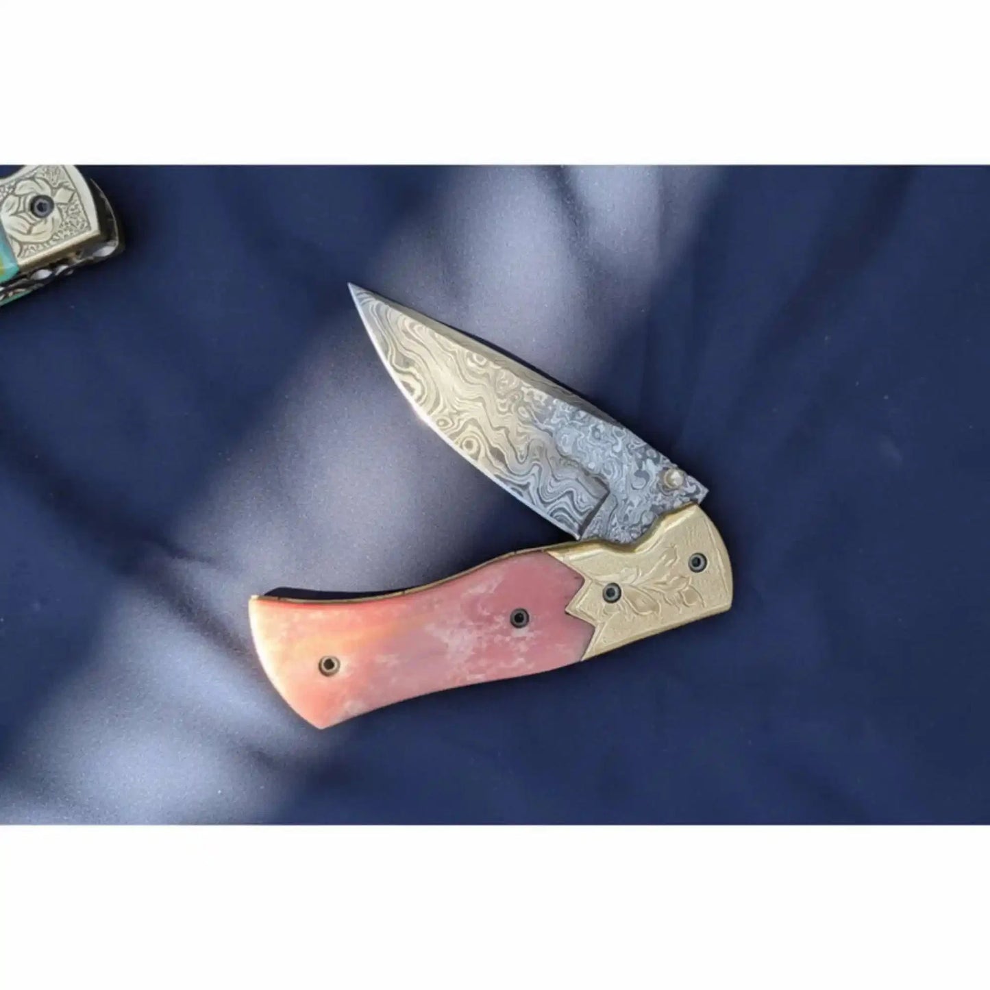 Handmade Damascus Folding Knife – Pink Colored Bone Handle with Brass Bolster | Pocket Knife