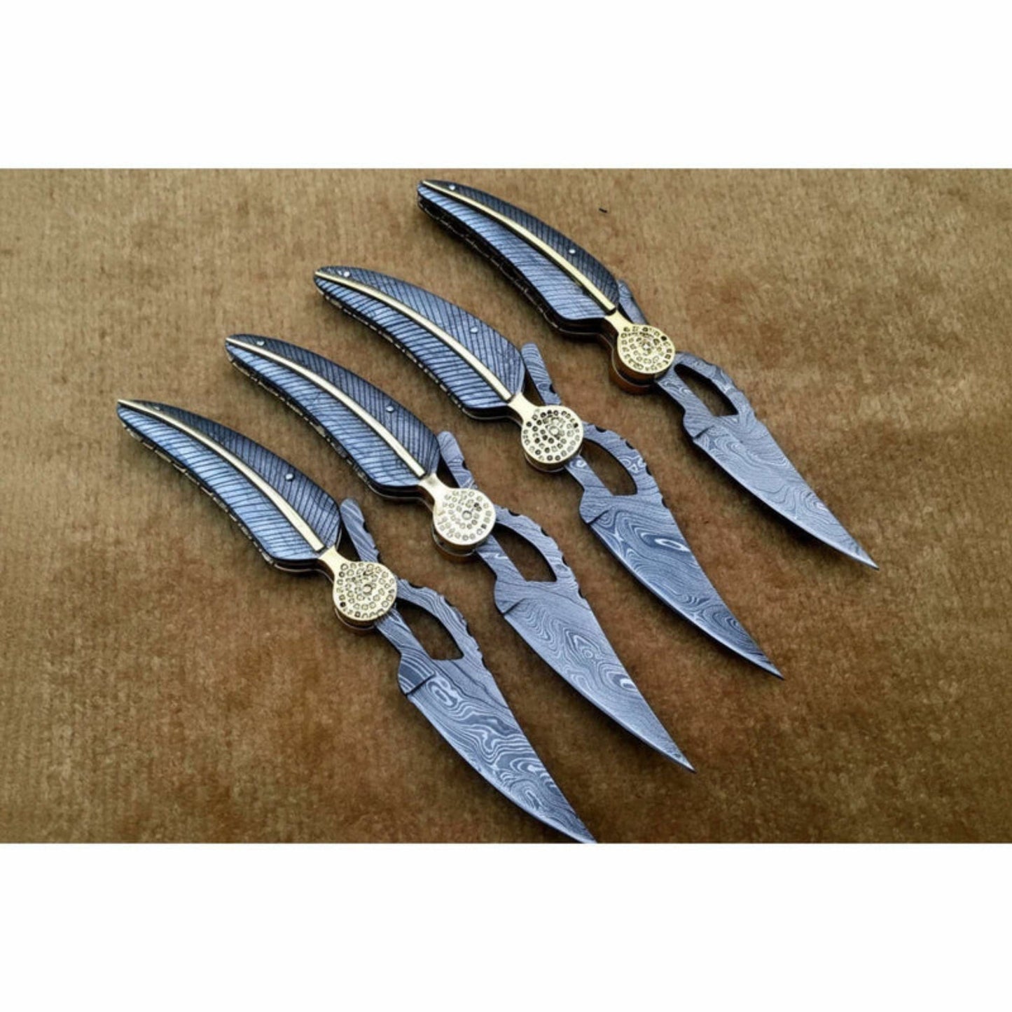 Handmade Damascus Folding Knife Set of 4 – Matching Pocket Knives with Decorative Spine