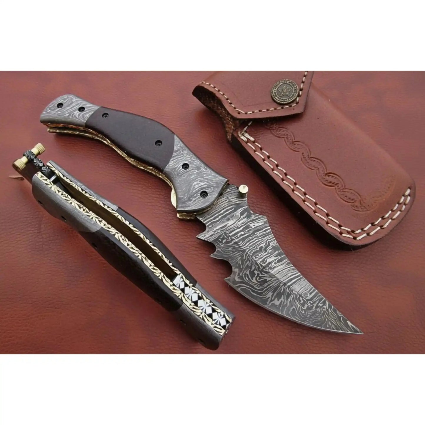 Handmade Damascus Folding Knife with Dark Wood Handle & Spine Jimping – Custom EDC Pocket Knife by JW SteelCrafts