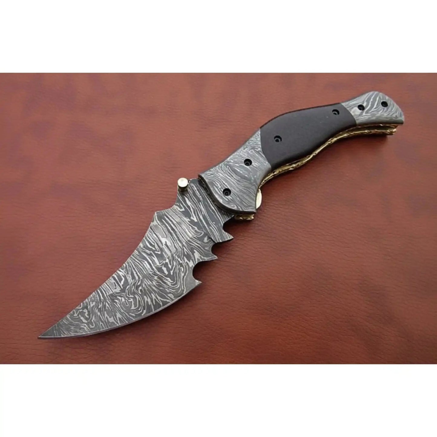 Handmade Damascus Folding Knife with Dark Wood Handle & Spine Jimping – Custom EDC Pocket Knife by JW SteelCrafts