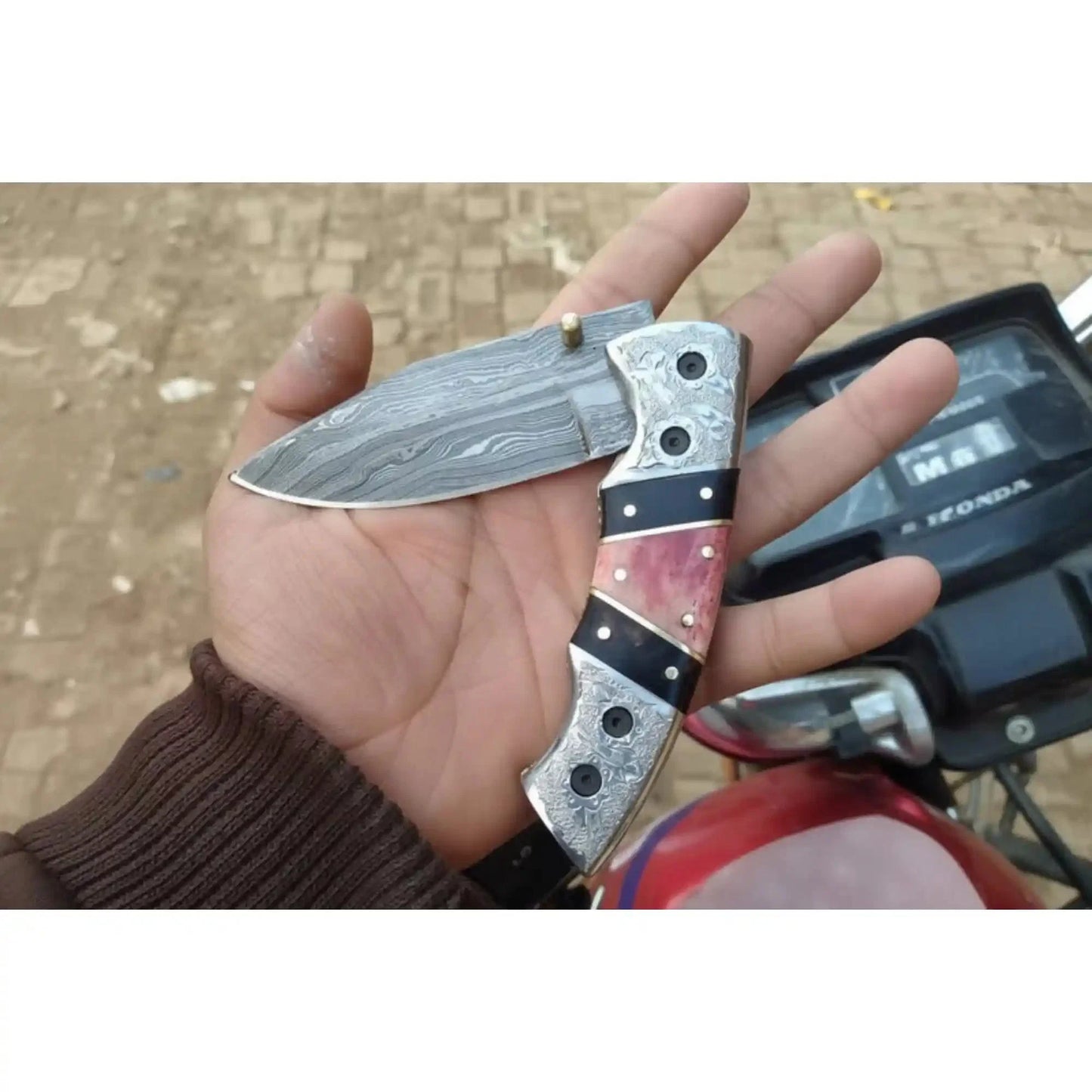 Handmade Damascus Folding Knife with Engraved Bolster, Black Resin and Colored Bone Handle – Custom EDC Pocket Knife by JW SteelCrafts