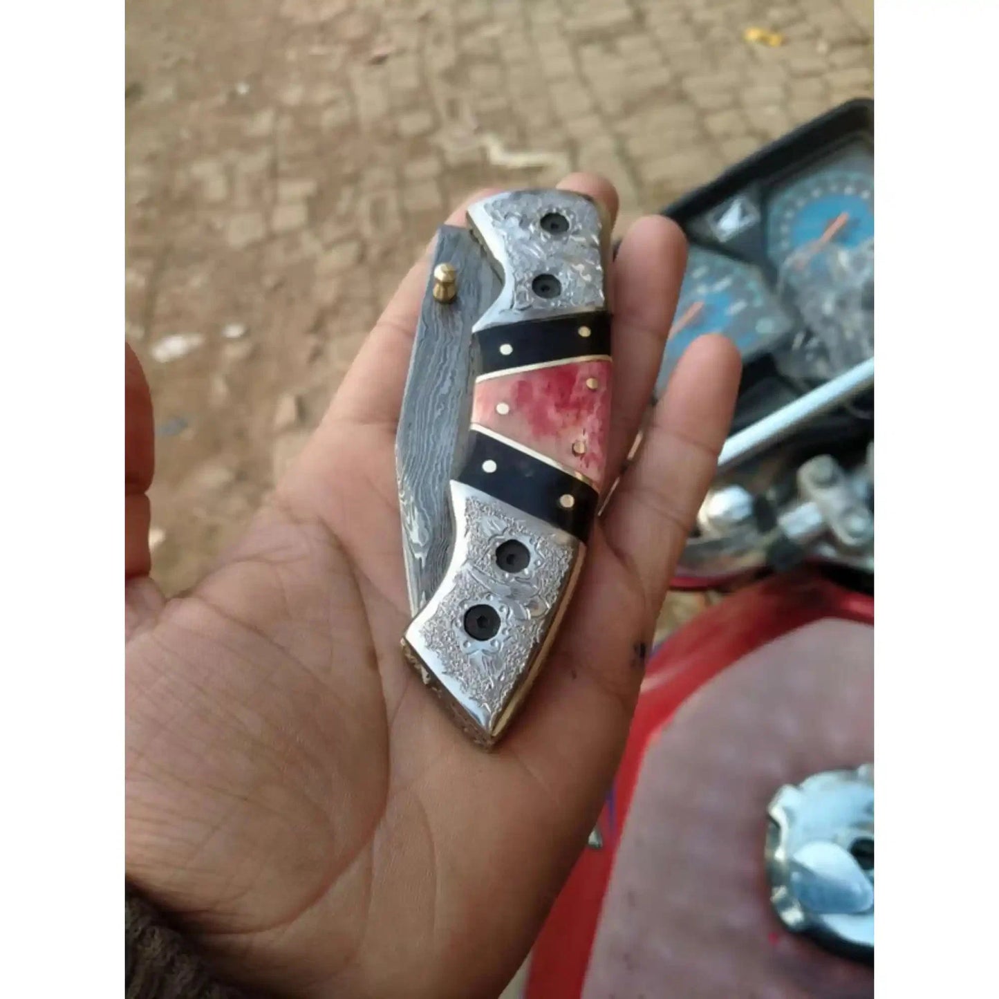 Handmade Damascus Folding Knife with Engraved Bolster, Black Resin and Colored Bone Handle – Custom EDC Pocket Knife by JW SteelCrafts