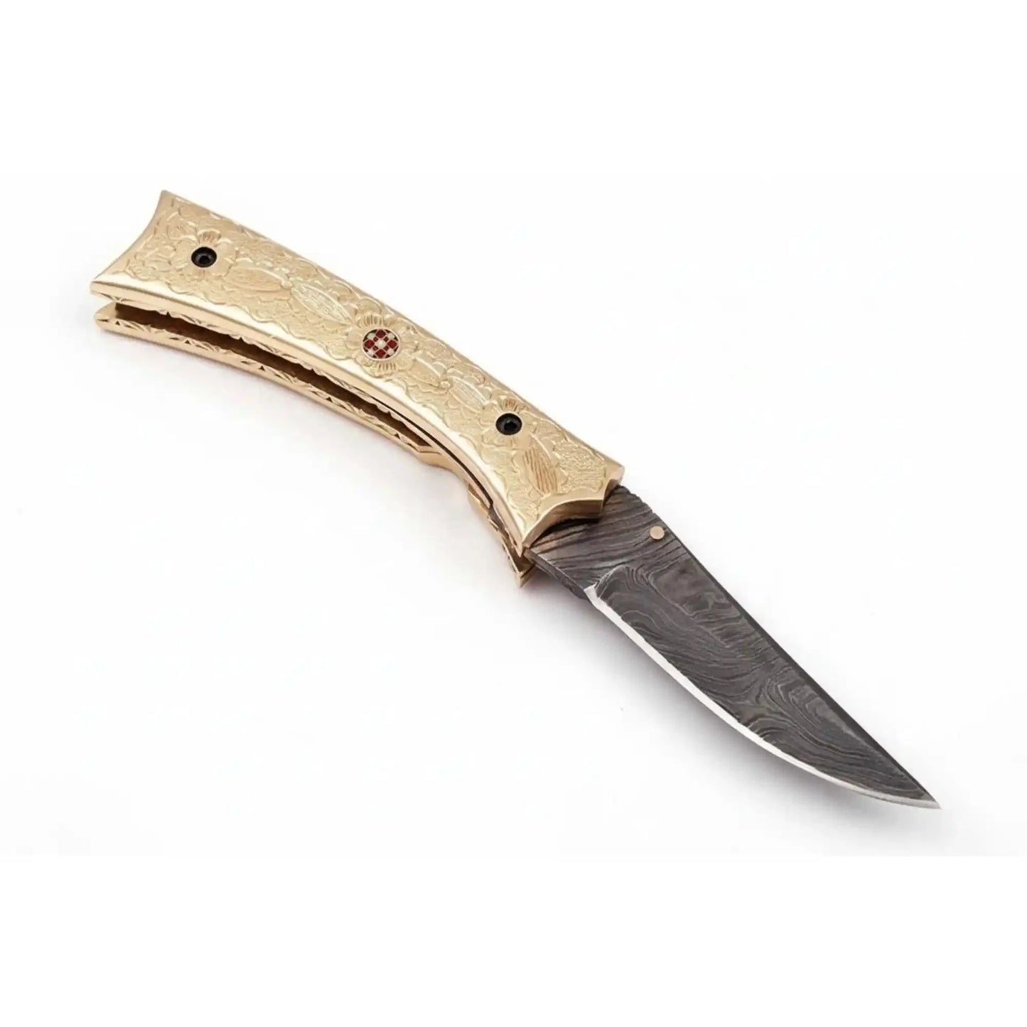 Handmade Damascus Folding Knife with Engraved Brass Handle & Precision Lock | JW SteelCrafts