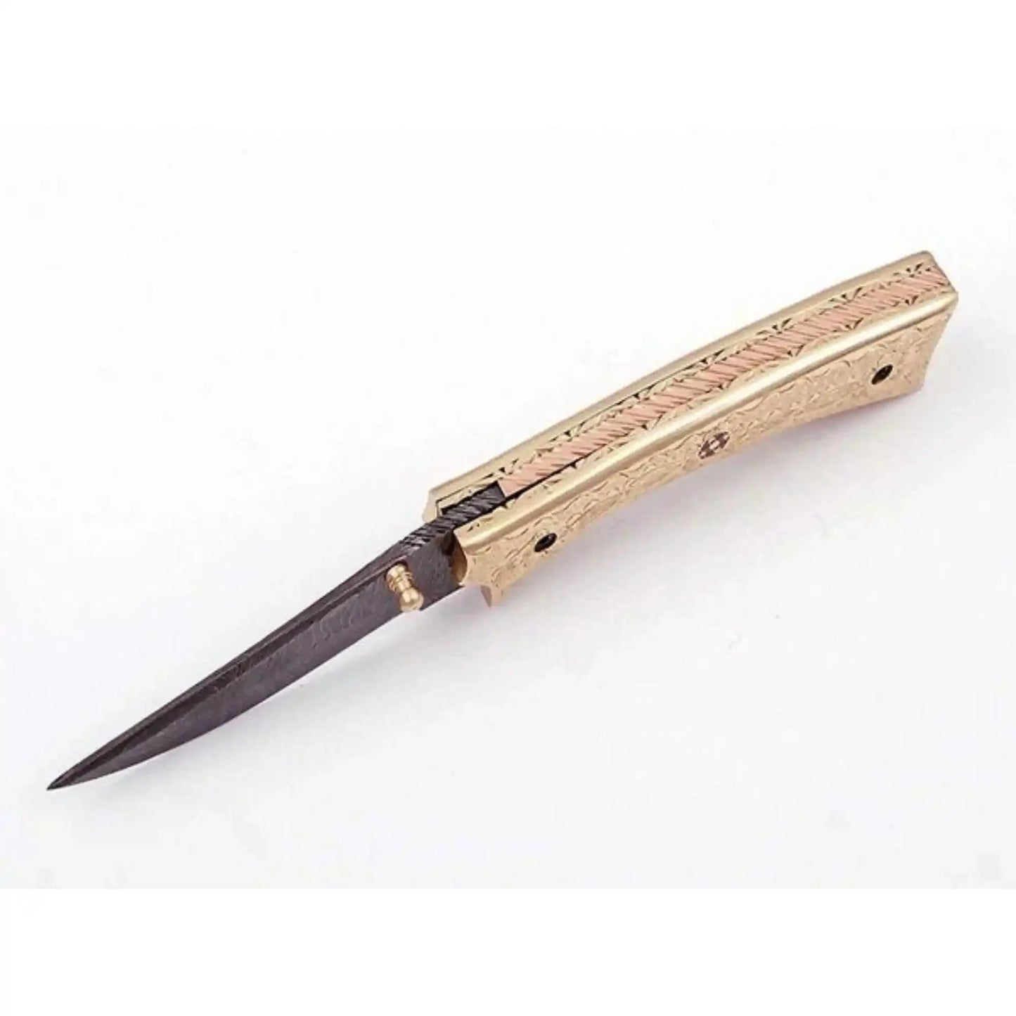 Handmade Damascus Folding Knife with Engraved Brass Handle & Precision Lock | JW SteelCrafts