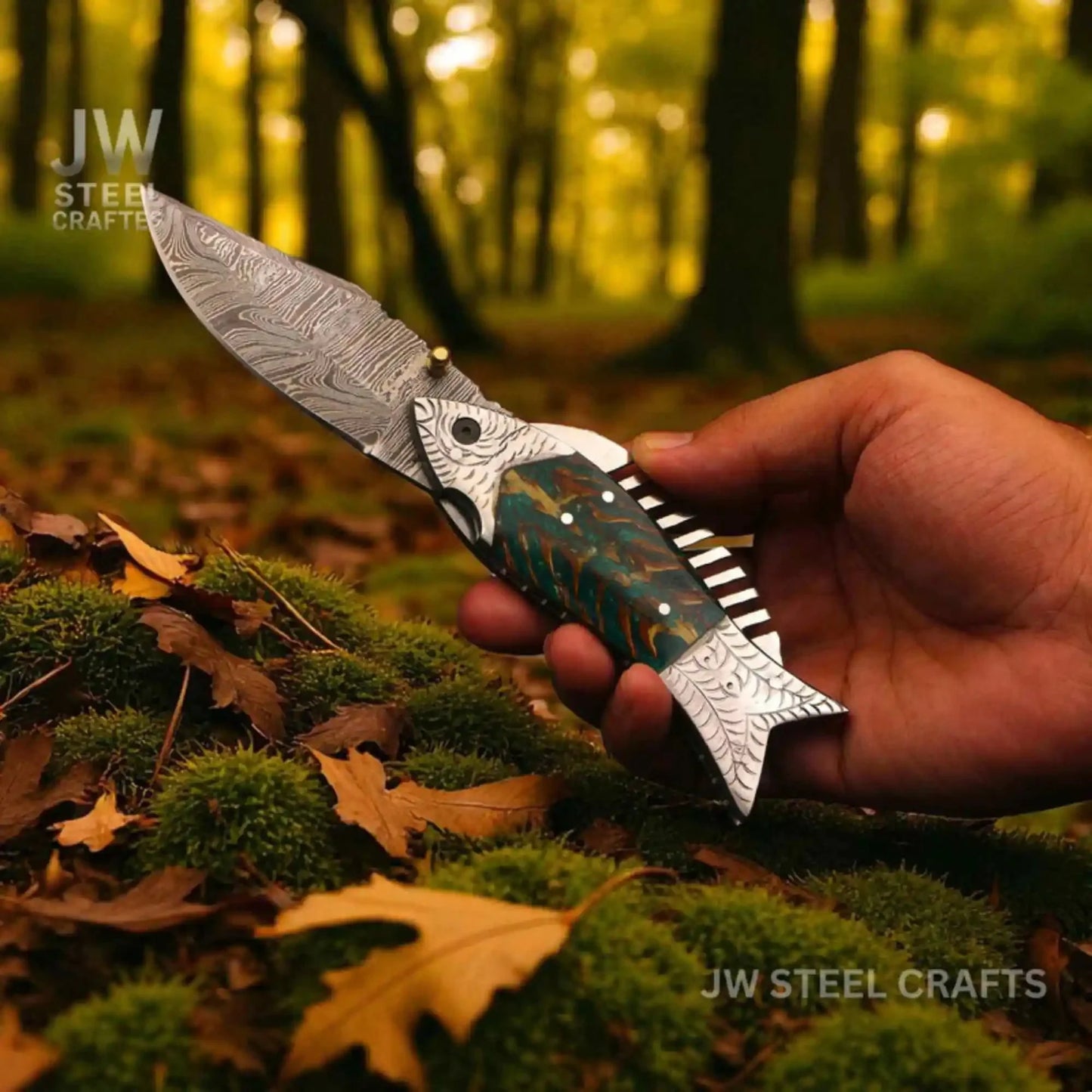 Handmade Damascus Folding Knife with Green Pinecone Resin Handle